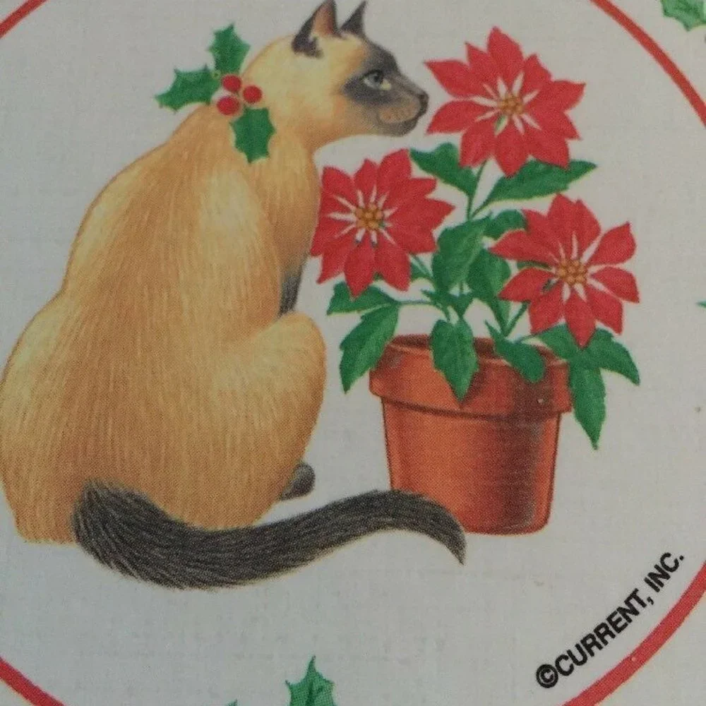 Vintage Christmas Coasters Siamese Cat Poinsettia Holly 6pc‎ Cork Back Y2K Retro